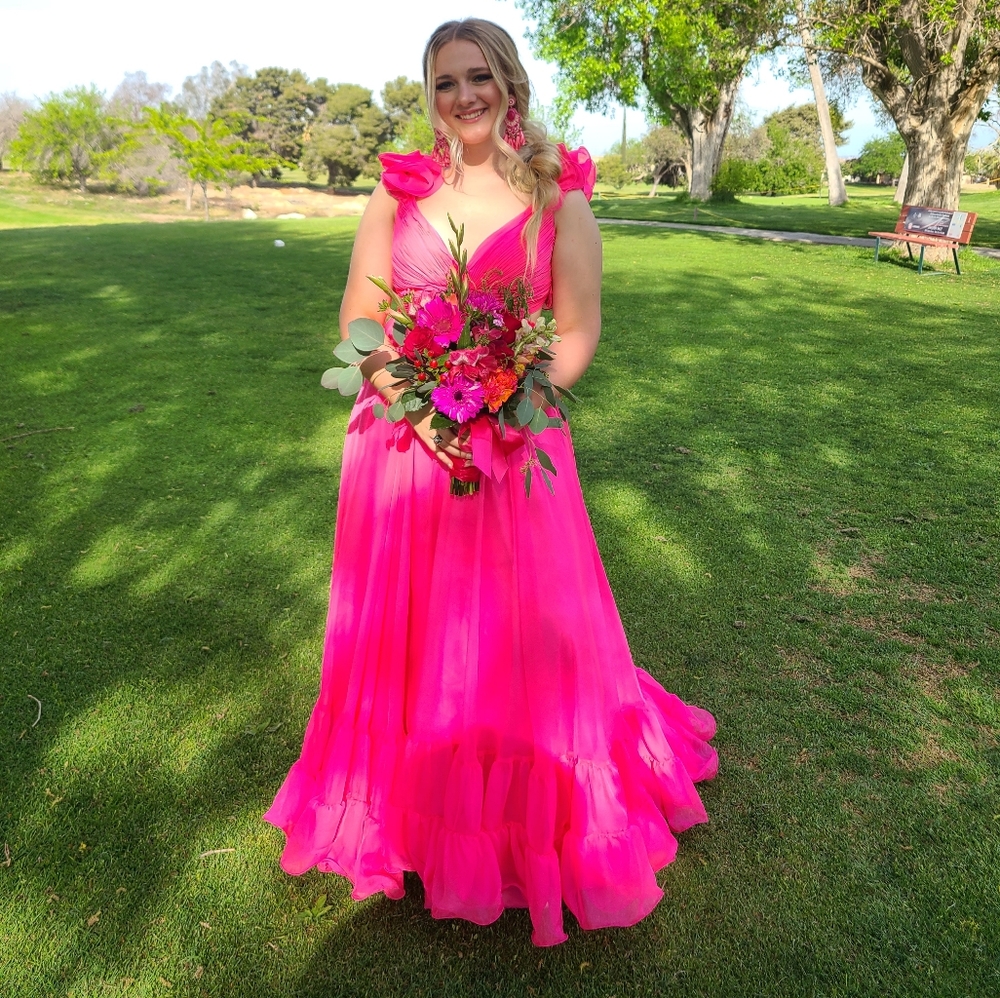 Mac Duggal pink maxi dress ruffle